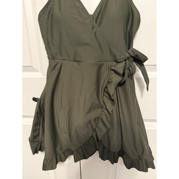 SHEKINI Women Olive Green Wrap Ruffle Swim Dress Tunic M - Picture 3 of 12